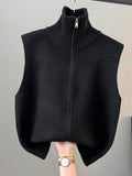 High-Collar Zipper Knitted Vest Vest Women 2025 Spring And Autumn Winter New Loose Folded Horse Clip Sweater Shoulder