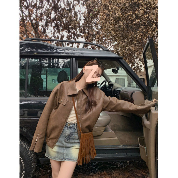 2026 Spring And Autumn Vintage Curry Leather Jacket Jacket Old Money Coat Woman Merard Wear