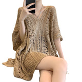 V-Necked Short-Sleeved Knitted Shirt Women's Thin Autumn Design Sense Of Small Unique To Loose Hooded Tops