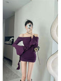 Sexy Hottie Purple Shoulder Dress Women Autumn Winter Design Tight Body Thin Ass Short Skirt