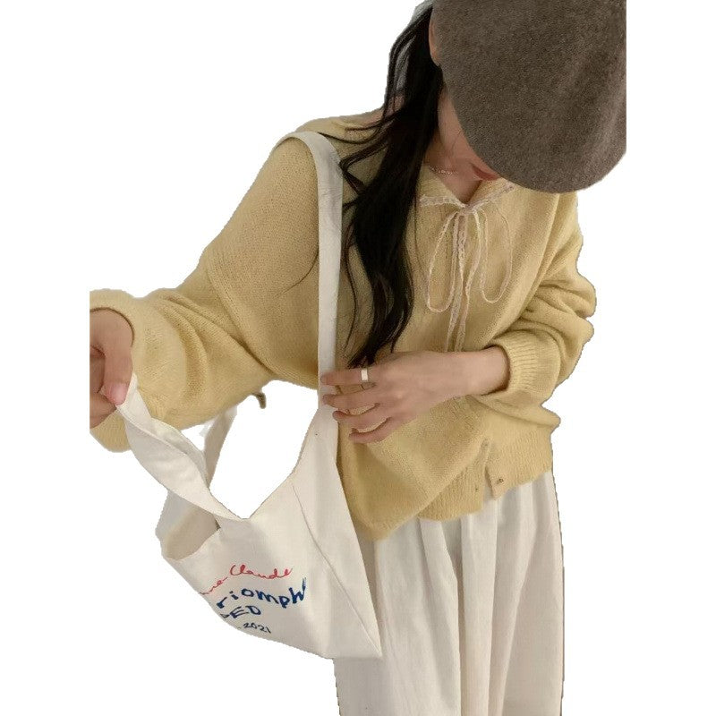 KANING Korean Lace Collar Sweater Small Coat Girl Autumn New Solid Color Soft Knitted Open Shirt