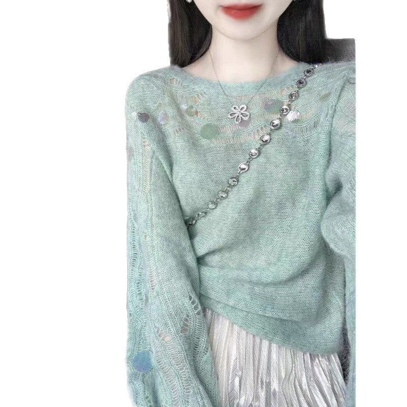 New On Spring XUAN XIAO JIE Dopamine Green Sleenquin Knitwear