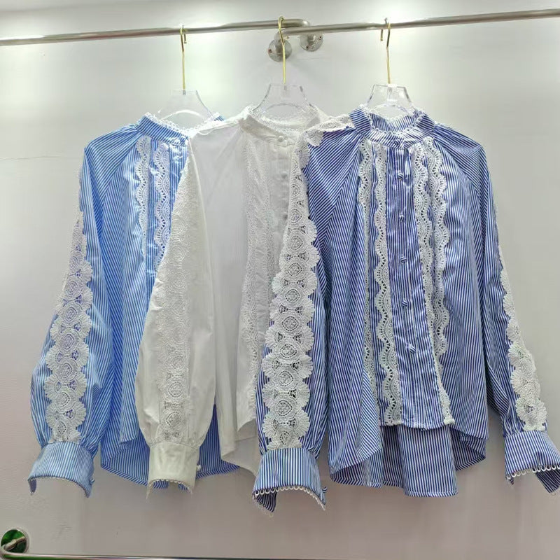 European Goods Spring New High-End Lightweight Design Lace Wood Ear Splicing Single Buckle Temperament Shirt