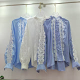 European Goods Spring New High-End Lightweight Design Lace Wood Ear Splicing Single Buckle Temperament Shirt