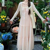 French Lace Splicing Pink Sling Dress Summer Holiday Style Gentle Long Dress Small Super Fairy Simple Young