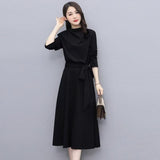 Temperament Elegant Style Long Sleeves Cross-Tie Bow Bow High-Neck Dress Women's Spring And Autumn New A-Word Long Skirt