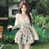 French Hottie Style Cross-Tieed With Broken Flower Sling Dress Girl Summer Sweet Low-Collar PonÅîy A-Skirt Skirt