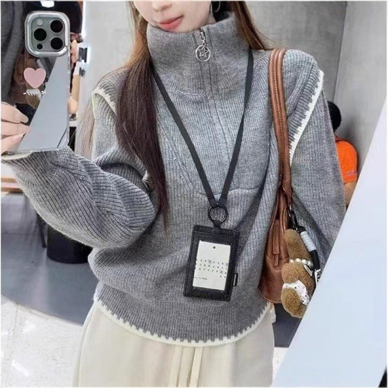 KANING Semi-Zipper Collar Loose Lazy Knitting Shirt 2026 Autumn And Winter New Design Sense Niche Hooded Sweater