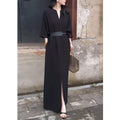 French Elegance Style Solid Color V-Neck Seven-Sleeve Dress Women Autumn With Pocket Open Fork Long Skirt