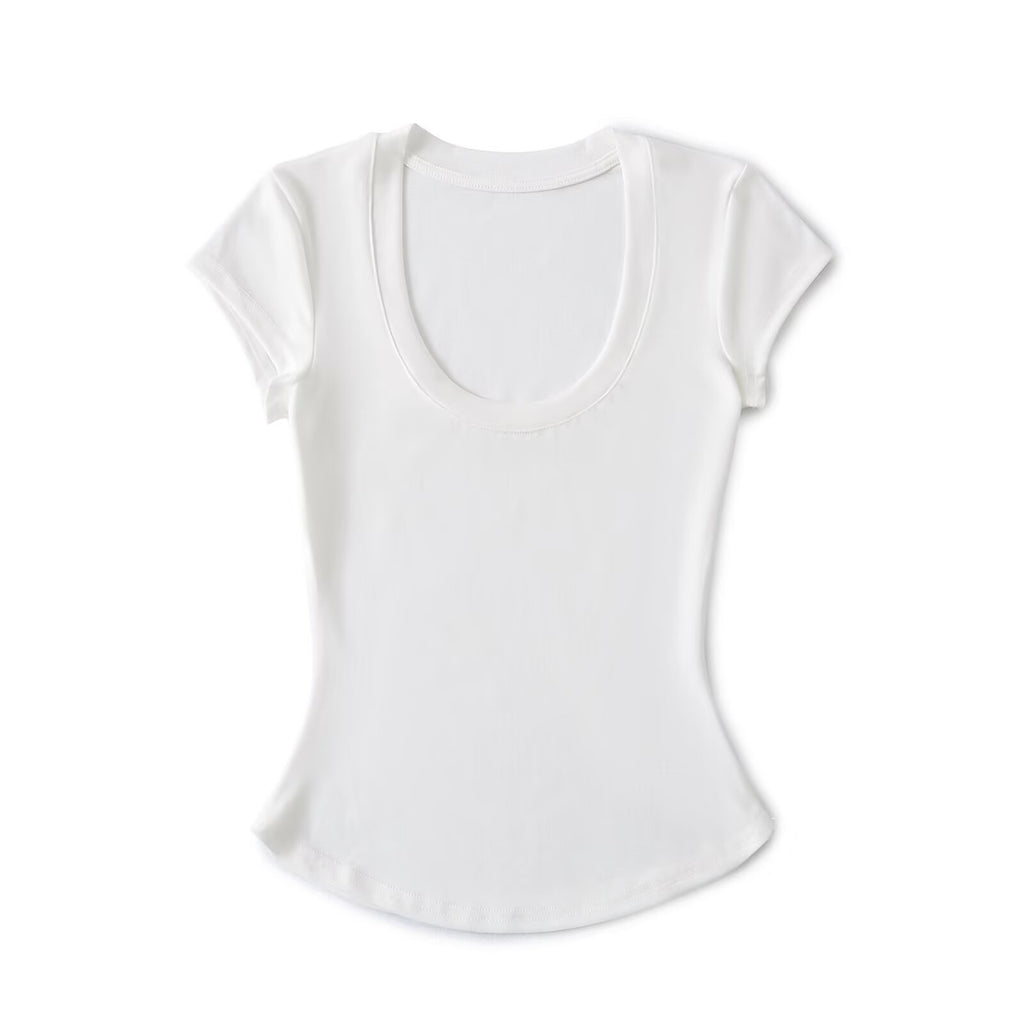 Pure Breeze Summer Cool U Collar Short-Sleeved T-Shirt Thening Waist Thin Bottom Half-Sleeved Top Sexy Comfortable