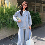2026 Spring And Autumn New Vintage Round Collar Solid Color Small Loose Simple Jacket Lazy Casual Set