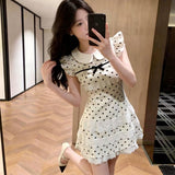 French Storm Point Lace Spliced Flying Flying Sleeve Dress Girl's Small Temperament Waist Bow Bow A Short Skirt