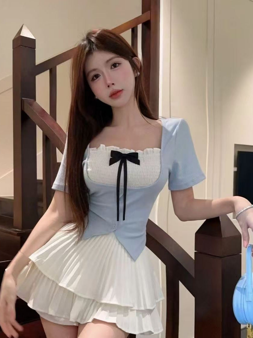 French Chic Sweet Babes Design Small Women's Summer Bows And Coloring Short-Sleeved Shirt Slim Top