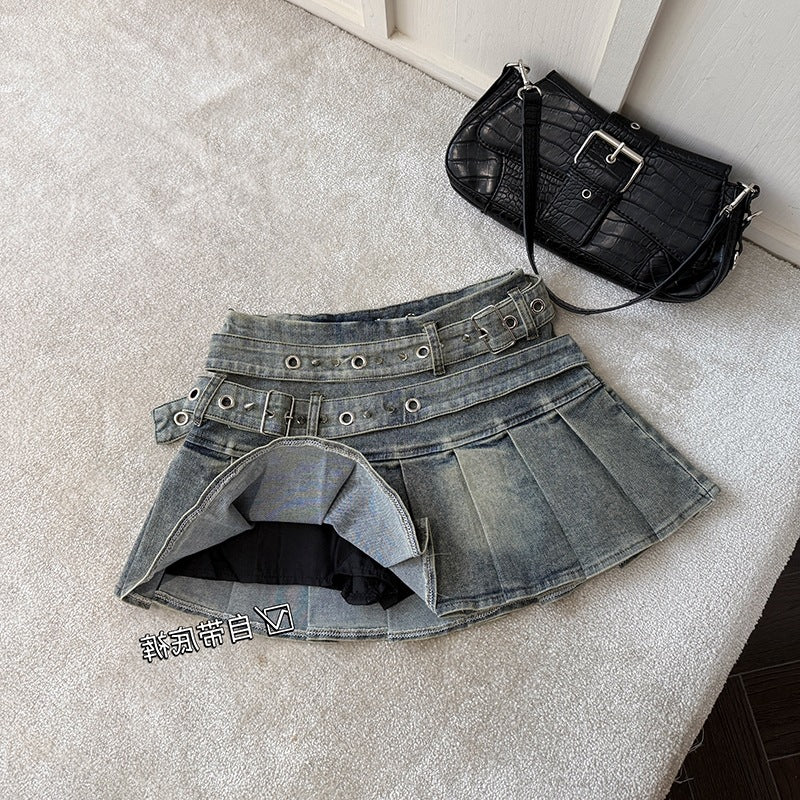 Real Shooting 2026 Pure-Hearted Hot Babes Design Elastic Denim 100-Folded Skirt Skirt