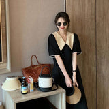 Hepburn Style Splicing Colliding Color Doll Collar Dress Senior Feeling Girl Summer Loose Adjustment Waist A Word Long Skirt