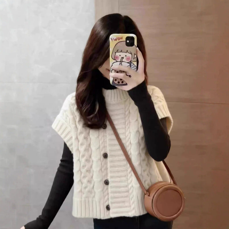 LEKA Senior Sense Shoulder Cardigan Knitted Vest Women's Autumn And Winter New Design Feel Chic Sleeveless Top