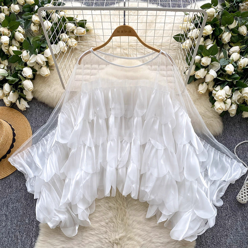 Light Luxury High-End Blouse Women Summer Lotus Edge Mesh Splicing Design Loose Famous Sister Top
