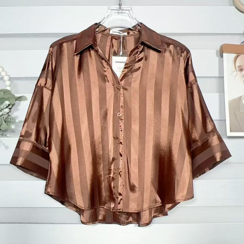 Temperament 2026 Summer New Loose Striped Casual Collar Short-Sleeved Shirt Women's Top