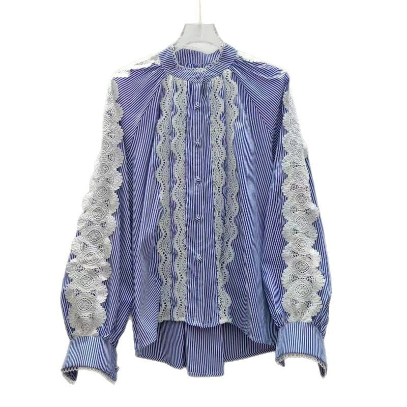 European Goods Spring New High-End Lightweight Design Lace Wood Ear Splicing Single Buckle Temperament Shirt