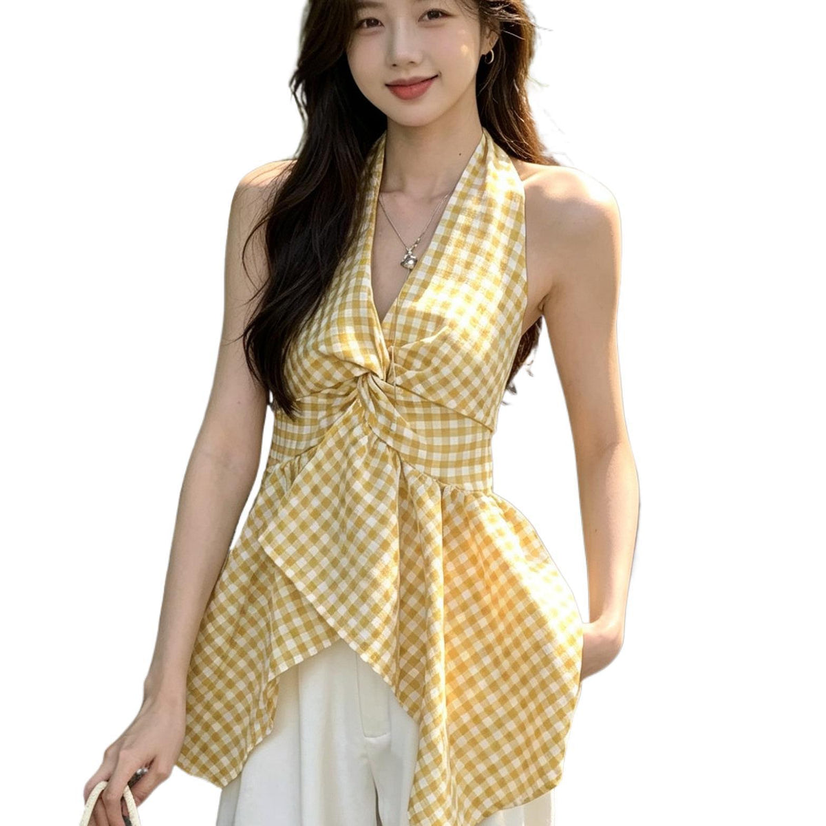 Summer Dopamine Yellow Lattice Hanging Neck Bare Shoulder Clothes Irregular High-End Feeling Waistless Sleeve Sleeve Sling Shirt