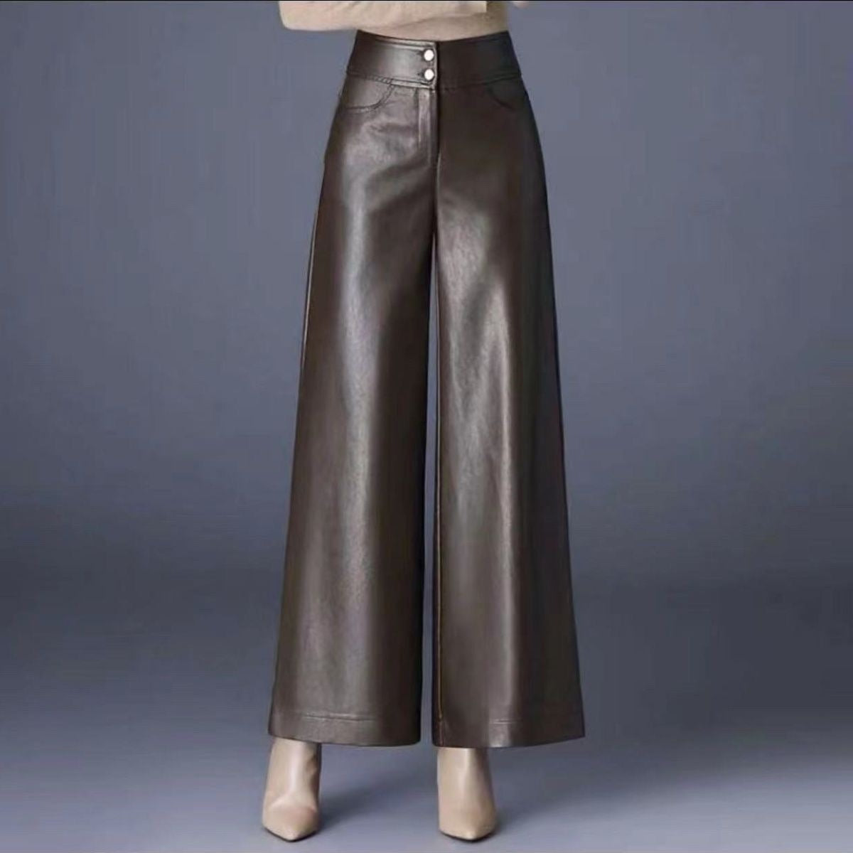 2025 Autumn And Winter New Fashion High-Waist PU Leather Pants Wide Leg Trousers Women Feel Loose Air Casual Trousers