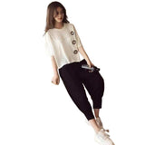 Summer Large-Size Women's Loose Thin Casual Fashion Three-Dimensional Decorative Round-Neck T-Shirt + Black Harlan Pants Two-Piece Set