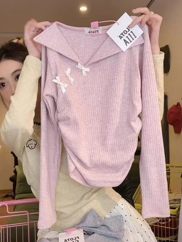 [Original Work Done] Side Bow Bow Collar Long-Sleeved Woman In The Spring Of 2026 To Repair The Temperament Inside The Wind