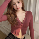 Hottie Style Sexy Deep V-Neck Long-Sleeved T-Shirt Women's Summer Lace Splicing Umbilish Repair Short Bottom Shirt Top
