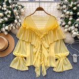 Fairy Top 2025 Summer Languid Temperament Famous Lotus Leaf Side Splicing Horn Sleeve Chiffon Shirt Loose Shirt