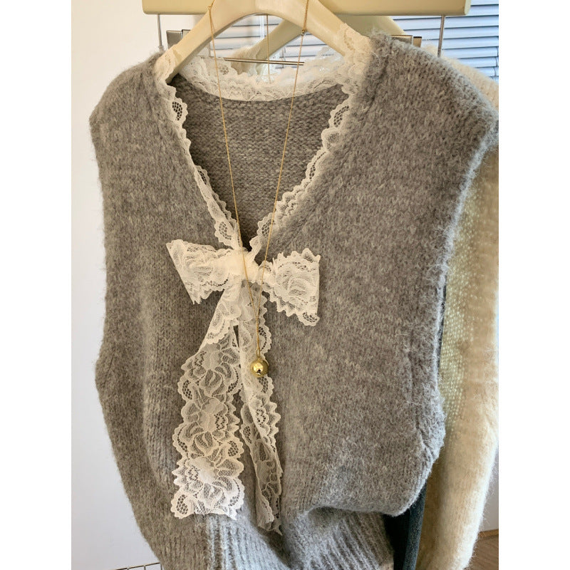 KANING Lace Bow V-Neck Sweater Vest 2026 Early Autumn New Women's Clothing Folded Sleeveless Knitted Top