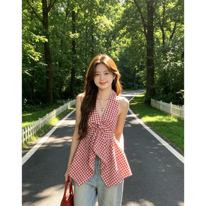 Summer Dopamine Yellow Lattice Hanging Neck Bare Shoulder Clothes Irregular High-End Feeling Waistless Sleeve Sleeve Sling Shirt