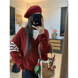 KANING Korean Striped V-Neck College Wind Loose Knits 2026 Autumn And Winter New Women's Sweater Coat