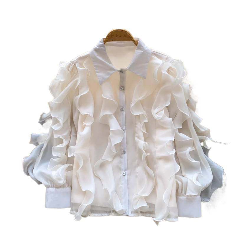 French Romantic Style Leaf Side Pink Shirt Female Spring Korean Version Of Loose Open Shirt Commuter High-End Feel