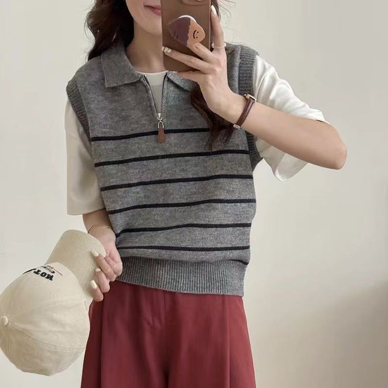KANING Striped Collar Half Zipper Knitted Vest Women 2026 Autumn New Simple Folded Knitted Vest Women