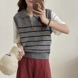 KANING Striped Collar Half Zipper Knitted Vest Women 2026 Autumn New Simple Folded Knitted Vest Women