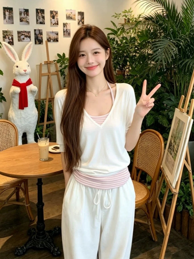 Sweet White V-Neck Short-Sleeved T-Shirt Women's Summer Pink Striped Sling Back
