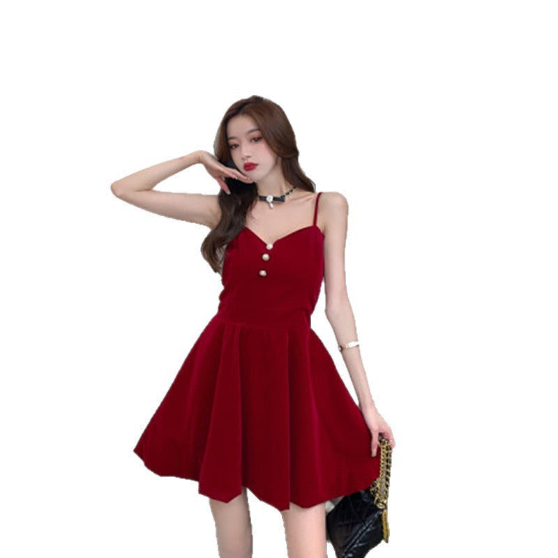 2025 Christmas New Year Red Shawl Gold Velvet Sling Princess Dress Women To Collect Waist Thin Suit Two Sets