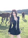 Hottie Lattice Tie Spliced Long-Sleeved Girl Spring Autumn Blouse Chic Niche Ponopne Half-Dress Skirt Suit