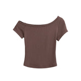 Slim Short-Sleeved Top Women's Summer Sexy T-Shirt Season Single-Word Shoulder Pure Desire Short Thread Thin Top