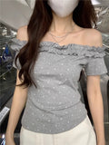 Sexy Pure Desire A Word Shoulder Collared Ears In The Ear Of The Wave Point Short-Sleeved T-Shirt Girl Summer Hottie Cut-Down Top Girl T