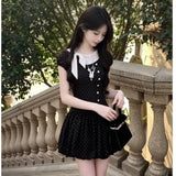 College Storm Point Bow Splicing Button Summer Dress Girl Short Punt