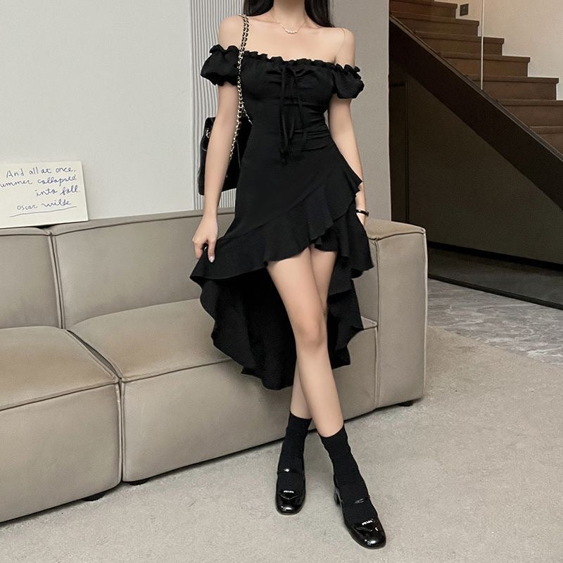 2026 Spring And Summer New Black Lotus Side Irregular Dress Women's Shoulder Shoulder Sexy Irregular Dress