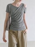 Korean Pure Want To Set Up Irregular Slanted Shoulder Clothes Short Sleeve Gray Repair Waist And Shoulder Design Touching Cotton Short Sleeve