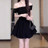 French Word Shoulder-To-Shoulder Black Dress Women's New Summer Hepburn Style Beautiful Pony Buds Short Skirt