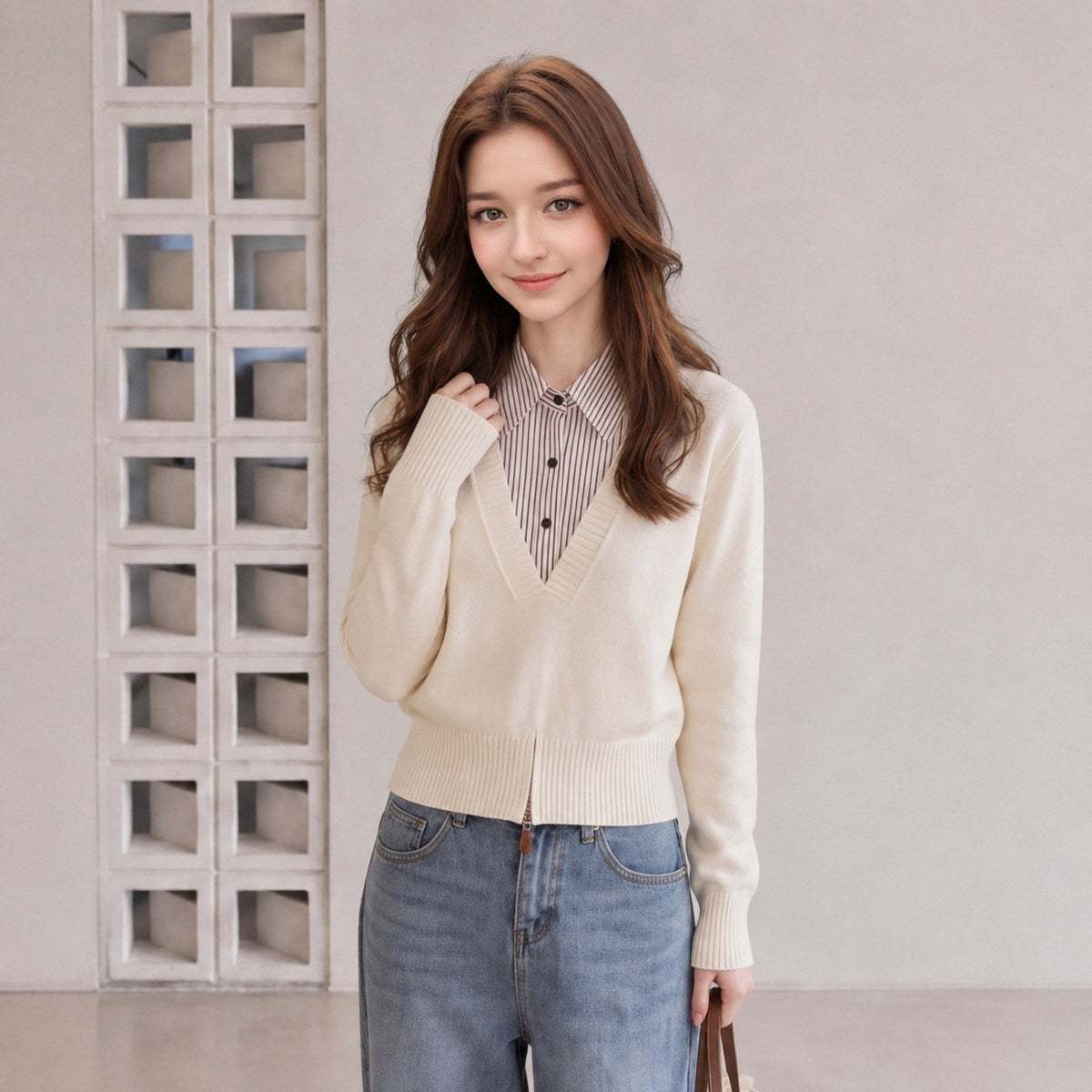 LEKA Korean Spliced Striped Two-Piece Collar Sweater In Autumn Commuter Hooded Loose Thin Knitwear