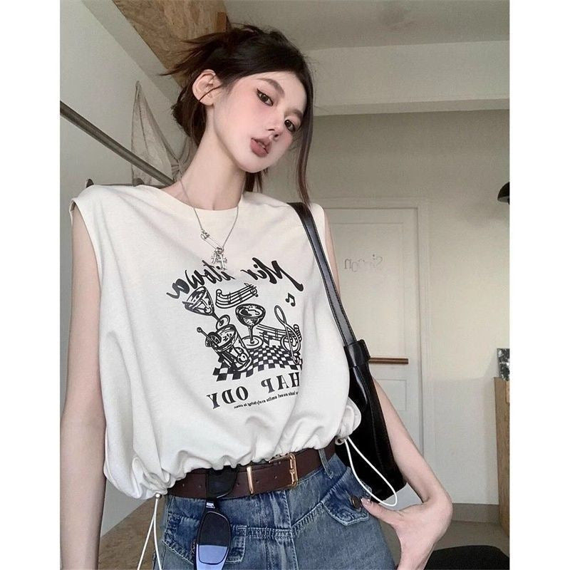 Vintage Babes Shoulderless T-Shirt Girl Summer Small Loose Thin Short Rope Waistcoat