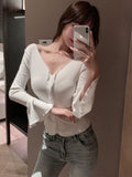 Autumn New Care Machine V-Neck Horn Sleeves Sleeves Sexy Women's Long-Sleeved T-Shirt Short Top