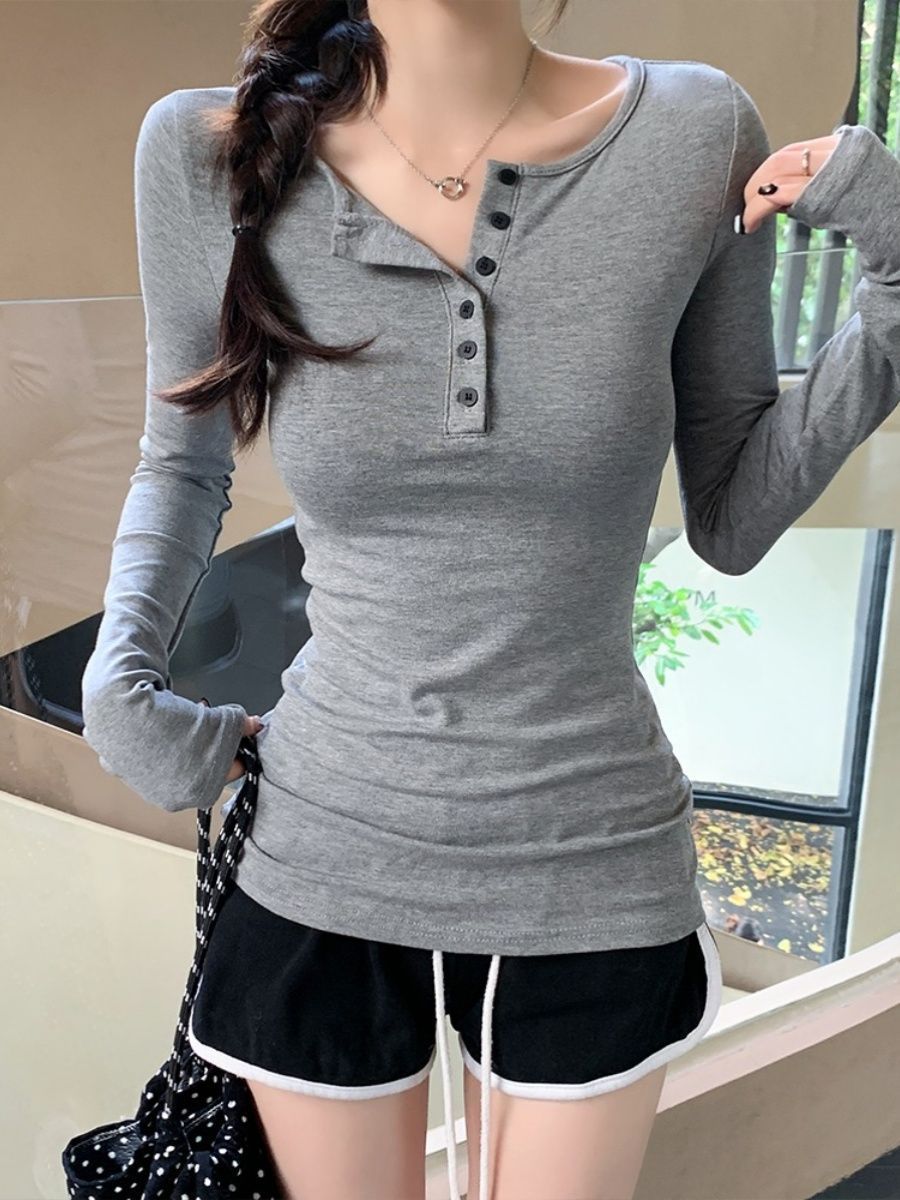 Spice Girls Button Slim Thin Long-Sleeved T-Shirted Women 2026 Spring And Autumn Simple Inside The Shoulder Student Top