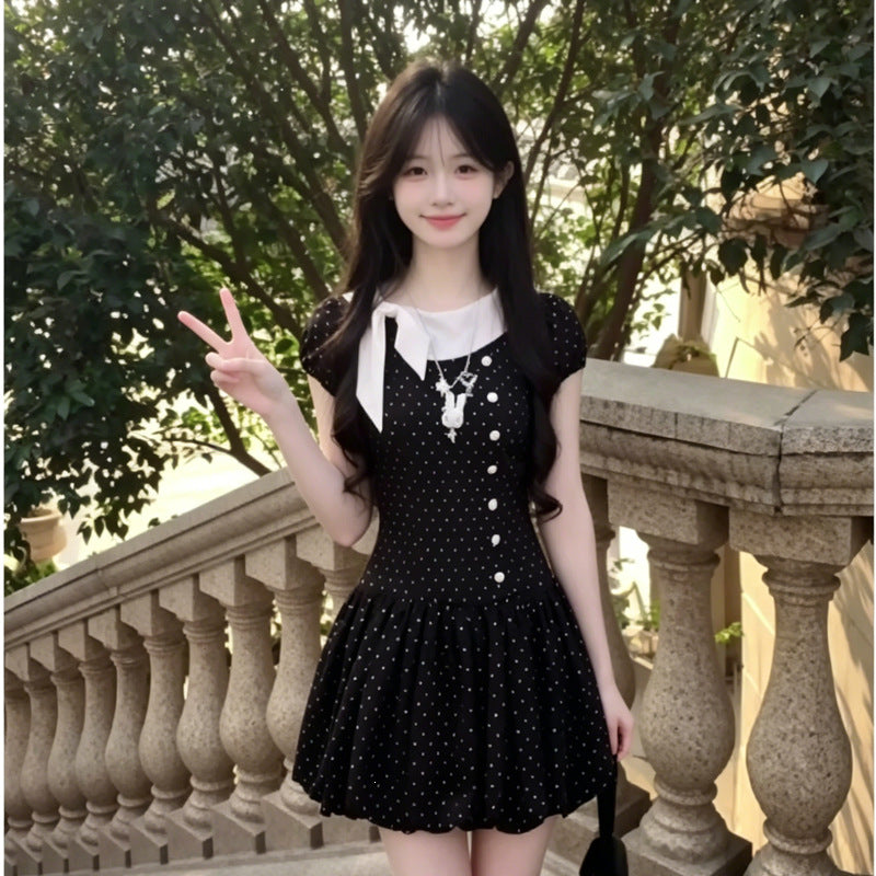 College Storm Point Bow Splicing Button Summer Dress Girl Short Punt