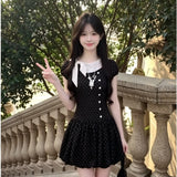College Storm Point Bow Splicing Button Summer Dress Girl Short Punt